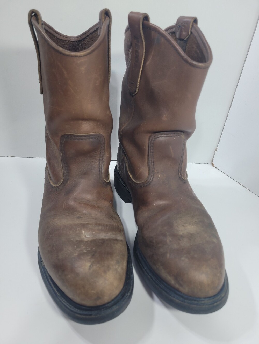 Red Wing Pecos Men 8 EE Brown Leather Pull On Work Boots As Is Flaw Glue Repair